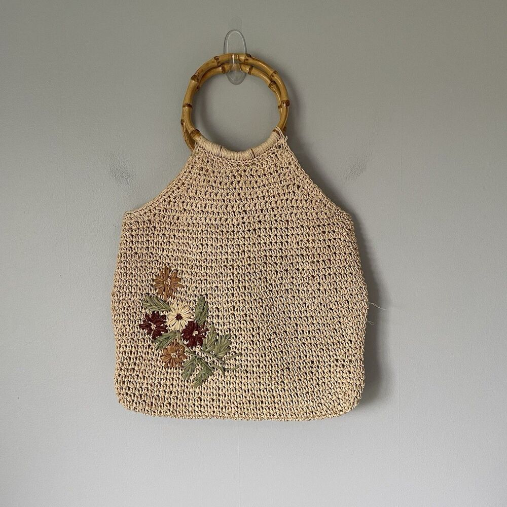 Faded Glory Vintage Woven Straw Purse Floral Print Bamboo Handles Cottagecore